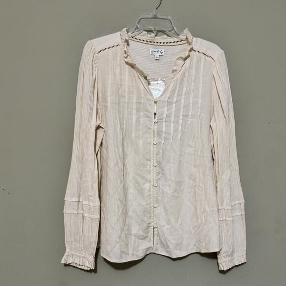 Wonderly Cream Ruffle Trim Button Front Blouse Long Sleeve Lightweight Top Large - Picture 1 of 5
